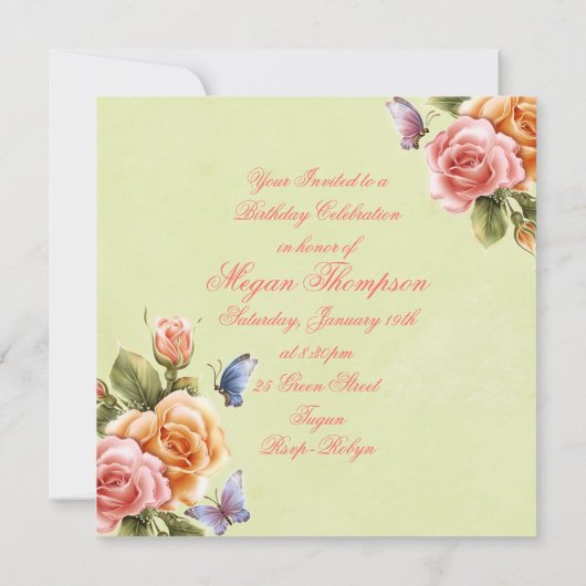 Elegante Vlinders & Rozen Verjaardagsuitnodiging Kaart (Achterkant)