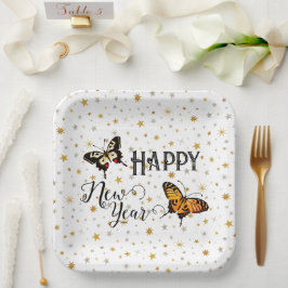 Elegante vlinders & sterren wit gelukkig nieuwjaar papieren bordje