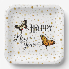 Elegante vlinders & sterren wit gelukkig nieuwjaar papieren bordje