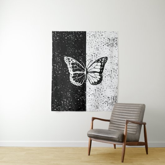 Elegante vlindersterren zwart wit dag en nacht wandkleed (In situ)