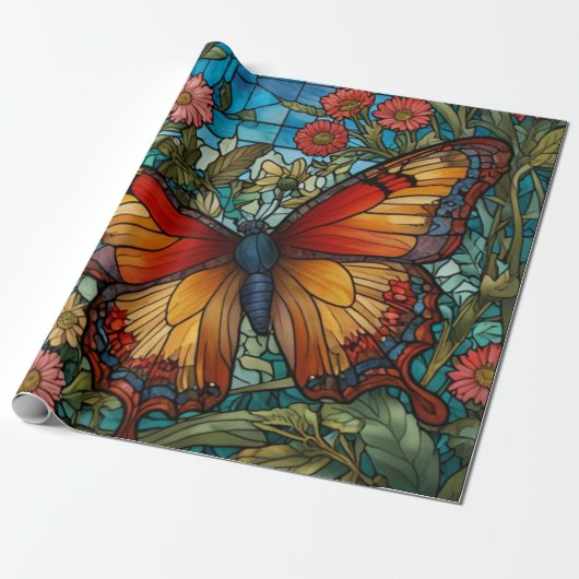 Elegante vlindertuin met glas-in-lood cadeaupapier (Uitgerold)