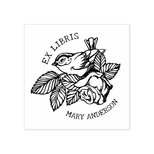 Elegante vogel met bloemenboek Ex Libris Rubberstempel (Afrduk)