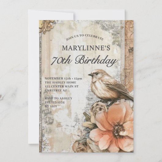 Elegante  vogelbloem 70e verjaardag kaart (Voorkant)