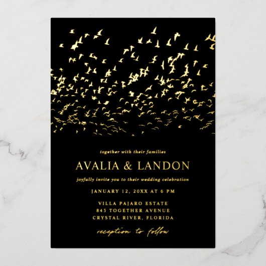 Elegante Vogels van een Veer Zwart en Gouden Bruil Folie Uitnodiging (Voorkant)