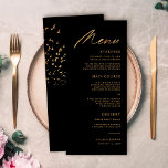 Elegante Vogels van een Veer Zwart en Gouden Bruil Menu<br><div class="desc">Deze elegante,   huwelijksmenu's zijn eenvoudig aan te passen! Ze zijn voorzien van stijlvolle topografie lezen,  "Menu" in faux gouden folie,  evenals een kudde vogels op de rug in faux gouden folie.</div>