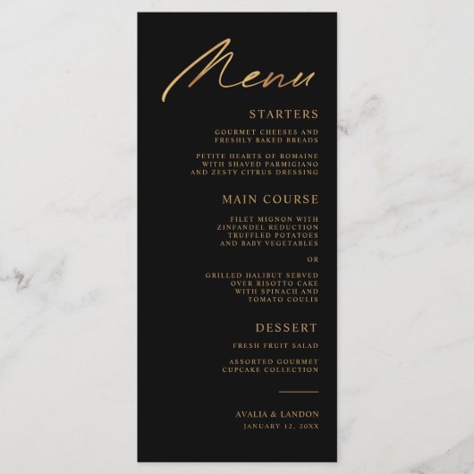 Elegante Vogels van een Veer Zwart en Gouden Bruil Menu (Voorkant)