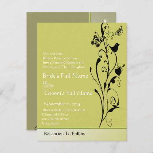 Elegante vogels & vlinders bruiloft uitnodiging (Voorkant / Achterkant)