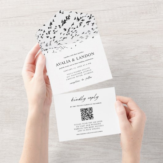 Elegante Vogels Zwart-Wit Huwelijk QR Code All In One Uitnodiging (Afscheurbaar)
