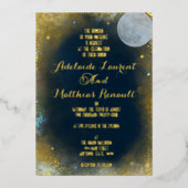 Elegante Volle Maan Hemelse Bruiloft: Blauw en Gou Folie Uitnodiging (Voorkant)