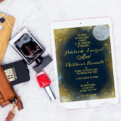 Elegante Volle Maan Hemelse Bruiloft: Blauw & Goud Kaart