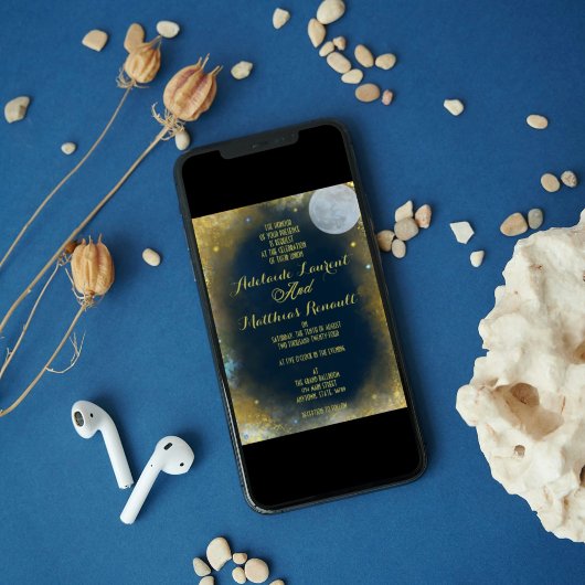 Elegante Volle Maan Hemelse Bruiloft: Blauw & Goud Kaart