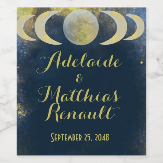 Elegante Volle Maan Hemelse Bruiloft: Blauw & Goud Wijn Etiket (Enkel label)