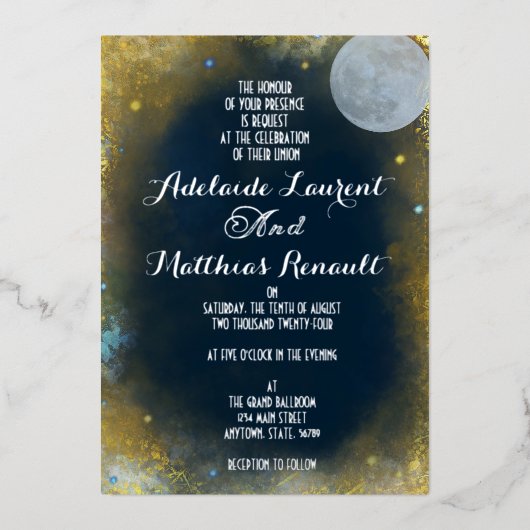 Elegante Volle Maan Hemelse Bruiloft: Blauw & Zilv Folie Uitnodiging (Voorkant)