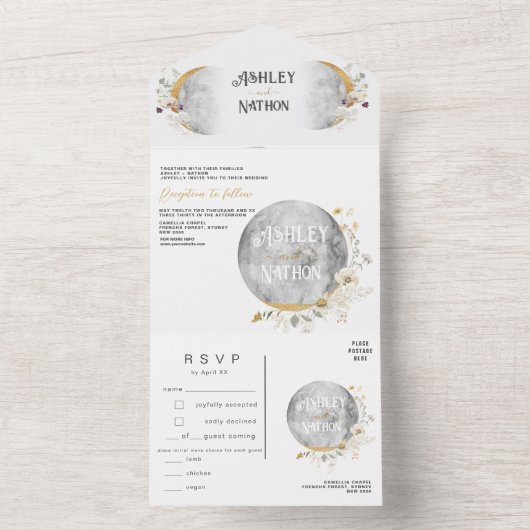 Elegante Volle Maan Wildflower Gouden Waterverf All In One Uitnodiging (Binnen)