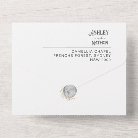 Elegante Volle Maan Wildflower Gouden Waterverf All In One Uitnodiging (Achterkant)