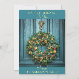 Elegante voordeur en krans familie kerstkaart