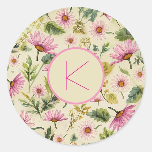 Elegante voorjaarsbloem met monogram ronde sticker (Voorkant)