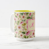 Elegante voorjaarsbloemen met monogram tweekleurige koffiemok (Voorkant links)