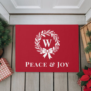 Elegante Vrede En Vrolijkheid Monogram Rode Kerst Deurmat