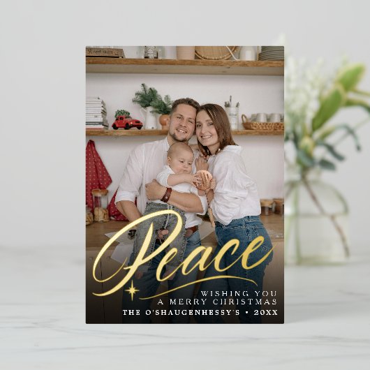 Elegante Vrede Kerstmis Volledige Foto Folie Feestdagenkaart (Staand Voorkant)