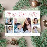 Elegante Vrede Liefde Vreugde Vakantie  5-Foto Kaa Feestdagenkaart<br><div class="desc">Deze multi-foto vakantiekaart heeft een klassieke witte achtergrond met een elegante scriptgroet met de tekst "Vrede, Liefde & Vreugde". Dit ontwerp biedt ruimte aan vijf foto's. **Alle kleuren in dit ontwerp zijn aanpasbaar. U kunt dit ontwerp nog verder aanpassen door het achtergrondpatroon te verwijderen en een extra foto of tekst...</div>