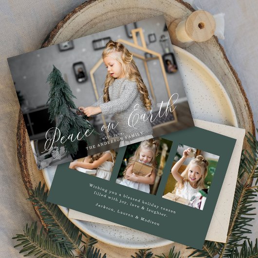 Elegante Vrede op Aarde Script Dark Sage 4 Foto Feestdagenkaart