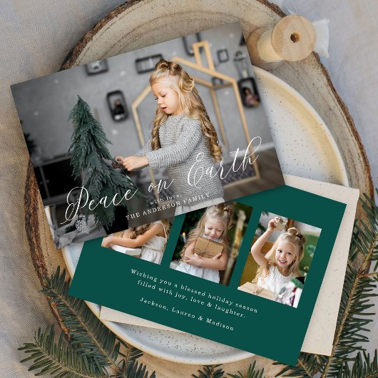 Elegante vrede op aarde script sparren groen 4 fot feestdagenkaart