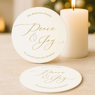 Elegante Vrede & Vreugde Gouden Script Kerstmis Ronde Kartonnen Onderzetter