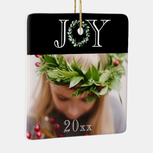 Elegante Vreugde Foto Gepersonaliseerde Kerstmis Keramisch Ornament (Rechts)