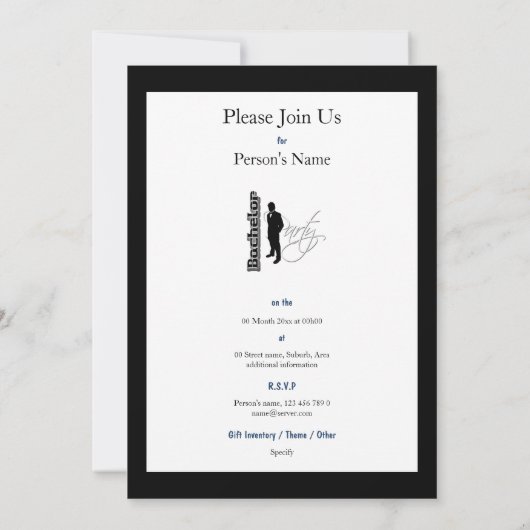 Elegante "vrijgezellenfeest" heren dîner dansant kaart (Achterkant)