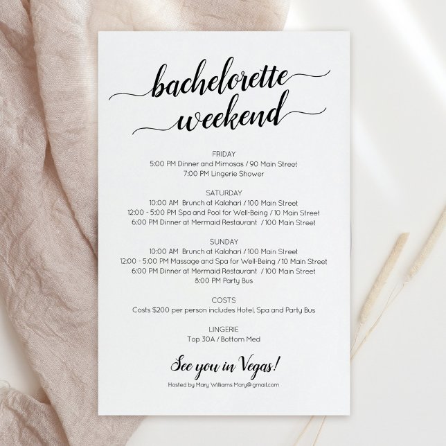 Elegante vrijgezellenweekend uitnodiging (Elegant Bachelorette Weekend Itinerary Invitation)