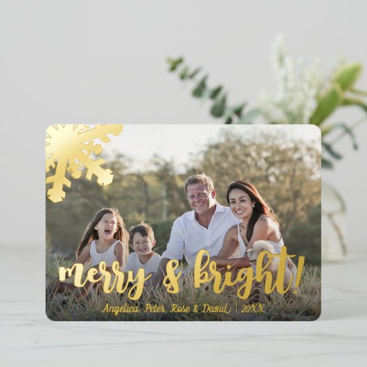 Elegante vrolijk & felicitatie met eigen foto  folie feestdagenkaart (Staand Voorkant)