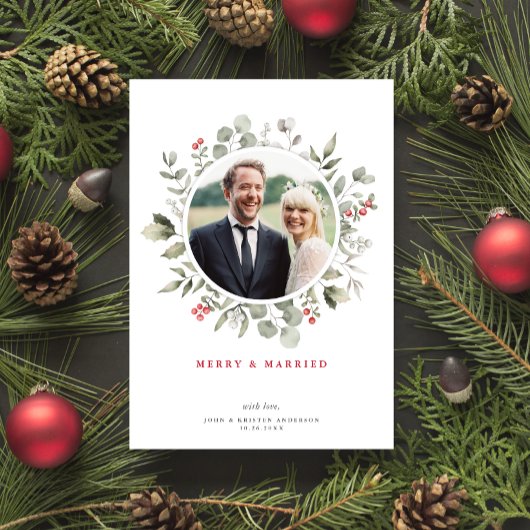 Elegante vrolijke & getrouwde groene krans foto feestdagenkaart
