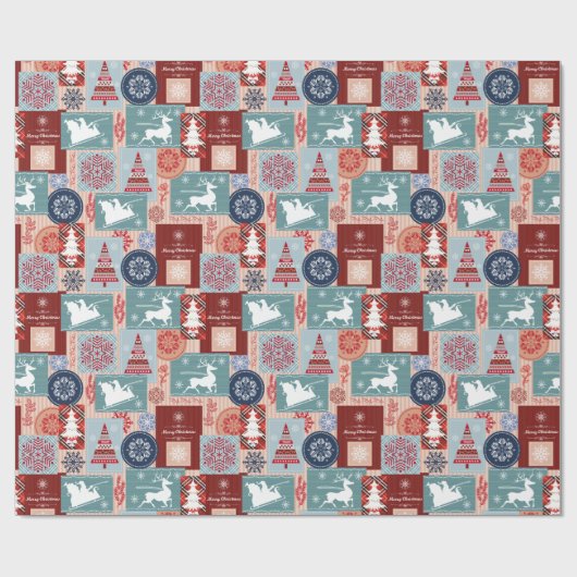 Elegante vrolijke kerst blauwe rode collage cadeaupapier (Vlak)