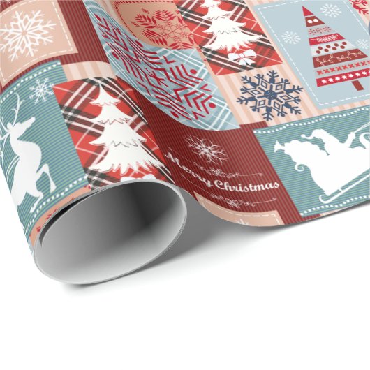 Elegante vrolijke kerst blauwe rode collage cadeaupapier (Rol Hoek)