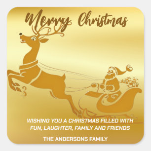 Elegante Vrolijke Kerst Gouden Kerstman Sled Kerst Vierkante Sticker