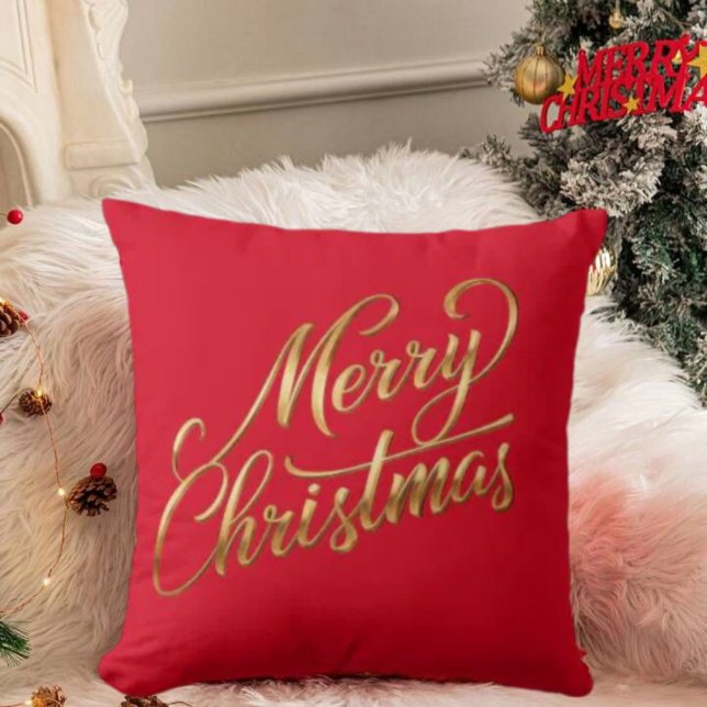 Elegante vrolijke kerst-gouden script vakantie dec kussen (Elegant Merry Christmas-Gold Script Holiday Decor Throw Pillow)