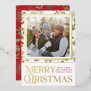 Elegante Vrolijke Kerst Holly Pinecones Foto Goud Folie Feestdagenkaart