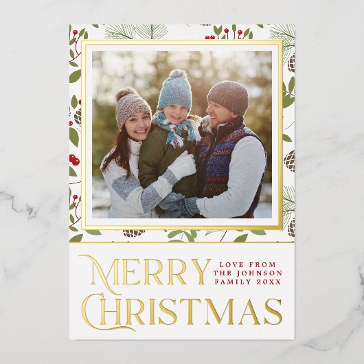 Elegante Vrolijke Kerst Holly Pinecones Foto Goud Folie Feestdagenkaart (Voorkant)