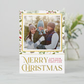 Elegante Vrolijke Kerst Holly Pinecones Foto Goud Folie Feestdagenkaart (Staand Voorkant)