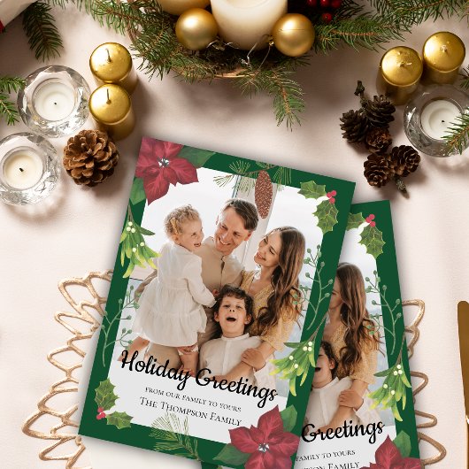 Elegante Vrolijke Kerst Rode Bloem Familiefoto Feestdagenkaart