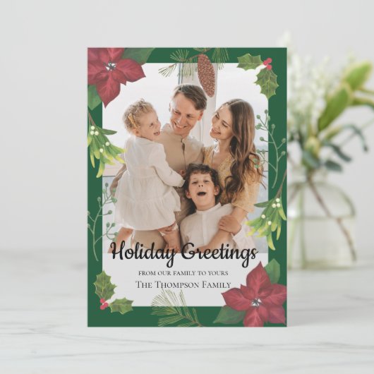 Elegante Vrolijke Kerst Rode Bloem Familiefoto Feestdagenkaart (Staand voorkant)