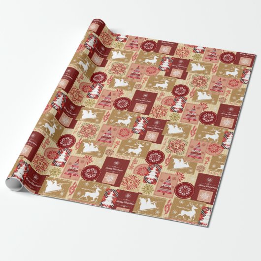 Elegante vrolijke kerst rood goud collage cadeaupapier (Uitgerold)