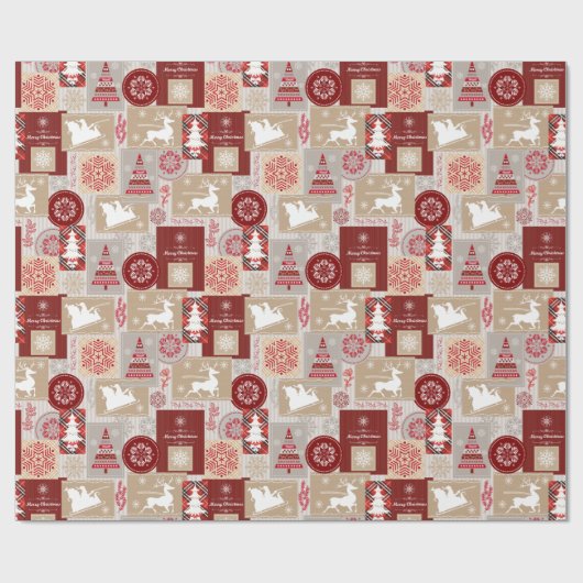 Elegante vrolijke kerst rood goud collage cadeaupapier (Vlak)