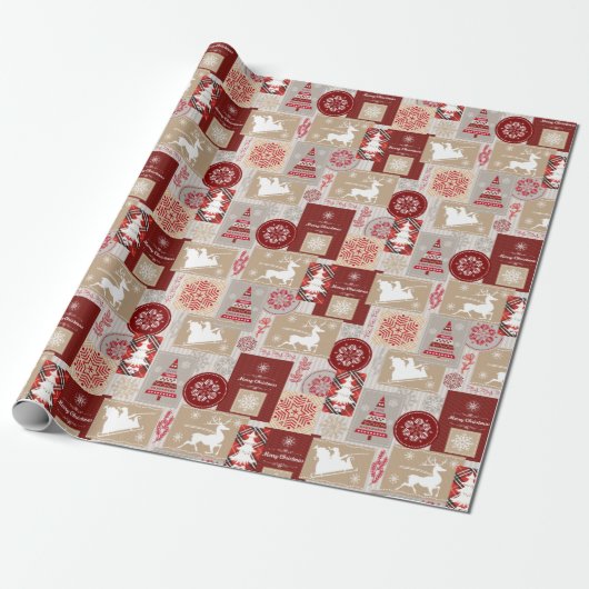 Elegante vrolijke kerst rood goud collage cadeaupapier (Uitgerold)