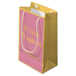 Elegante vrolijke kerst roze & zacht goud klein cadeauzakje