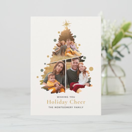 Elegante Vrolijke Kerstboom 4 Foto Familie Nieuws Feestdagenkaart (Staand voorkant)