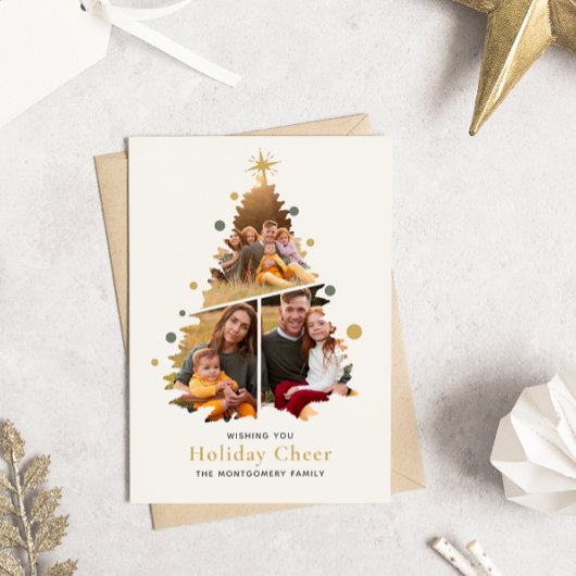 Elegante Vrolijke Kerstboom 4 Foto Familie Nieuws Feestdagenkaart