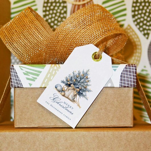 Elegante Vrolijke Kerstboom Goud Blauw Aangepaste  Cadeaulabel