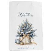 Elegante Vrolijke Kerstboom Goud Blauw Aangepaste  Medium Cadeauzakje (Voorkant)